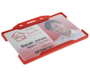 Red single-sided open-faced ID card holder and secure photo ID card